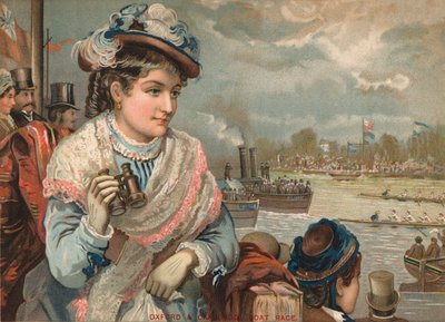 Signora che guarda la gara di barche Oxford e Cambridge, c. 1890 da English School